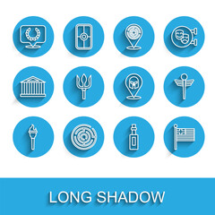 Set line Torch flame, Minotaur labyrinth, Laurel wreath, Bottle of olive oil, Greece national flag, Neptune Trident, Caduceus snake medical and Greek helmet icon. Vector