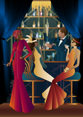 The party at the bar in the style of the early 20th century. Retro party vector illustration. Art Deco style.