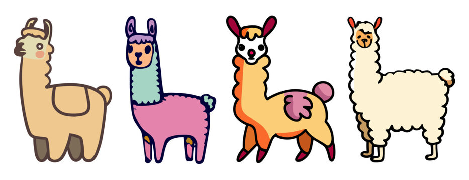 Llama alpaca doodle animal icon set. Fluffy hair fur. Cute cartoon funny kawaii characters. Childish baby collection. Vector illustration isolated on transparent background. Digital sticker