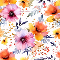 Watercolor pink and orangeflowers Seamless Pattern created with generative AI technology