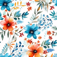 Watercolor blue flowers Seamless Pattern created with generative AI technology