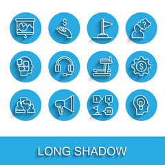 Set line Two sitting men talking, Megaphone, Chalkboard with chart, Planning strategy, Human lamp bulb, Headphones, Gear dollar and Treadmill machine icon. Vector