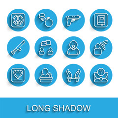 Set line Shield, Speaker, Peace, Handcuffs on hands of criminal, Envelope with question mark, Speech bubble chat, Police beat human and Censor freedom speech icon. Vector