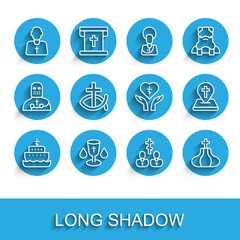 Set line Ark of noah, Christian chalice, Priest, Church tower, fish, Location church building and Religious cross heart icon. Vector