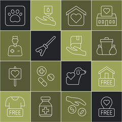 Set line Location with heart, Free home delivery, Trash can, Shelter for homeless, Mop, Male doctor, Paw print and Book donation icon. Vector