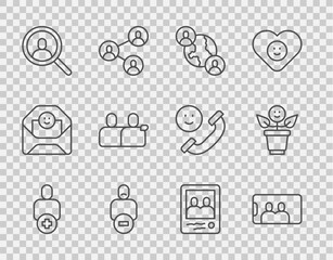 Set line Add to friend, Selfie on mobile, BFF or best friends forever, Loss of, Magnifying glass search, Family photo and icon. Vector