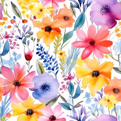 Watercolor colorful flowers Seamless Pattern created with generative AI technology