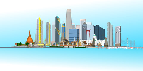 Bangkok, Thailand, is a modern city and a world-class tourist destination. drawing black line art illustration vector