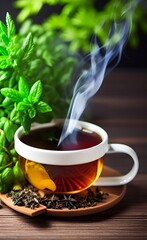 Taza de té negro humeante junto con hierbas naturales. Generado por IA