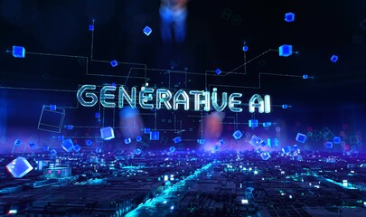 generative ai- businessman working and touching with augmented virtual reality at night office.