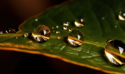  a close up of a leaf with water drops on it.  generative ai