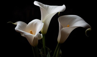  three white flowers are in a vase on a black background.  generative ai - obrazy, fototapety, plakaty