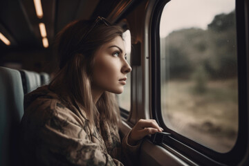 Naklejka na ściany i meble Young woman traveling local trip by train