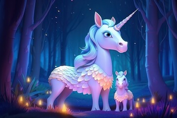 cute adorable baby unicorn with mother unicorn by night in forest, with light, rendered in the style of fantasy cartoon animation style intended for children 3D style Illustration  created by AI - obrazy, fototapety, plakaty