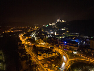 Fototapeta na wymiar Aerial night view of the city of Trencin in Slovakia