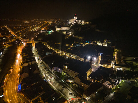 Aerial night view of the city of Trencin in Slovakia