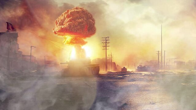 An explosion on war tank produces a fire mushroom cloud in an apocalyptic war. Battlefield in a wasteland city.