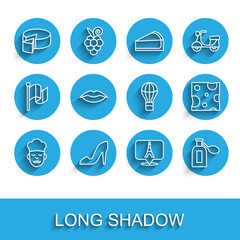 Set line Cook, Woman shoe, Cheese, Eiffel tower, Perfume, Smiling lips, and Hot air balloon icon. Vector