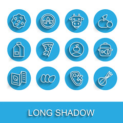 Set line Vegetarian food menu, Chicken egg, Cookie or biscuit, No meat, Onion, Vegan pizza slice, Cooking pot and chicken leg and Apple icon. Vector