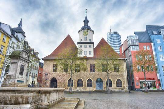 Jena, Germany, town hall and market square with historical well