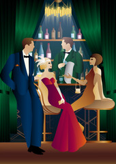The party at the bar in the style of the early 20th century. Retro party vector illustration. Art Deco style.