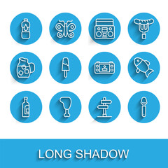Set line Bottle of wine, Chicken leg, water, Road traffic sign, Spoon, Ice cream, Fish and Portable video game console icon. Vector