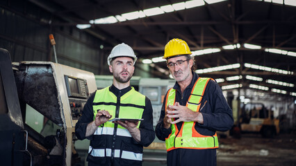 Team engineer are working in the factory. Mechanical technicians are maintaining the engine.
