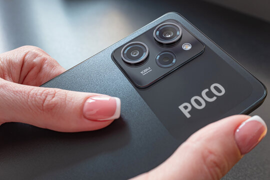 Kyiv, Ukraine- 15 May 2023: POCO X5 Pro 5G smartphone's triple camera with flash. The new smartphone by the former Xiaomi sub-brand.