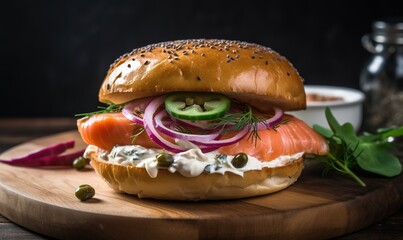  a bagel sandwich with salmon, cucumber, onions, and capers.  generative ai