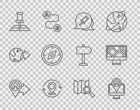 Set Line Location With House, Monitor Map Location, Push Pin, Map, Folded Marker, Compass, Search And Icon. Vector