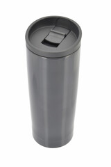 Black travel mug on a white background.