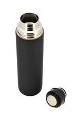 Black travel mug on a white background.