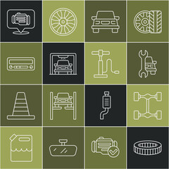 Set line Car air filter, Chassis car, service, wash, audio, Check engine and pump icon. Vector