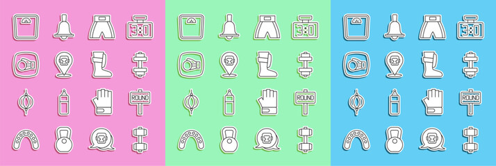 Set line Dumbbell, Boxing ring board, short, helmet, glove, Bathroom scales and Sport boxing shoes icon. Vector