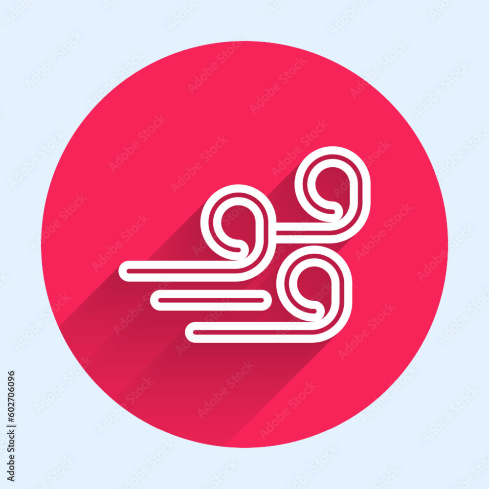 Poster white line windy weather icon isolated with long shadow. cloud and wind. red circle button. vector