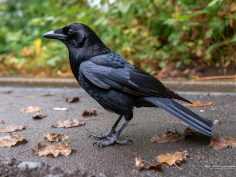 A black american crow on the ground