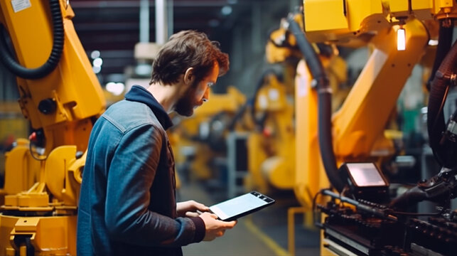 Technology in Action: Man Worker Controlling Robot with Tablet. Generative AI.