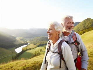 Happy elderly senior couple hiking in the mountains together, enjoying life