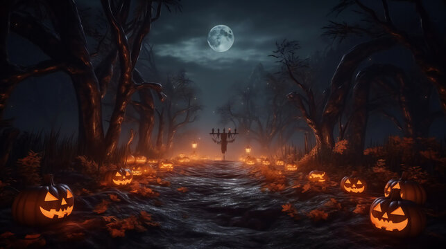 Spooky, scarry halloween forest with scary black trees and pumpkins on the ground. AI generated. Background, wallpaper