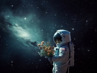 Fototapeta na wymiar Astronaut in outer space with a bouquet of flowers. AI generated