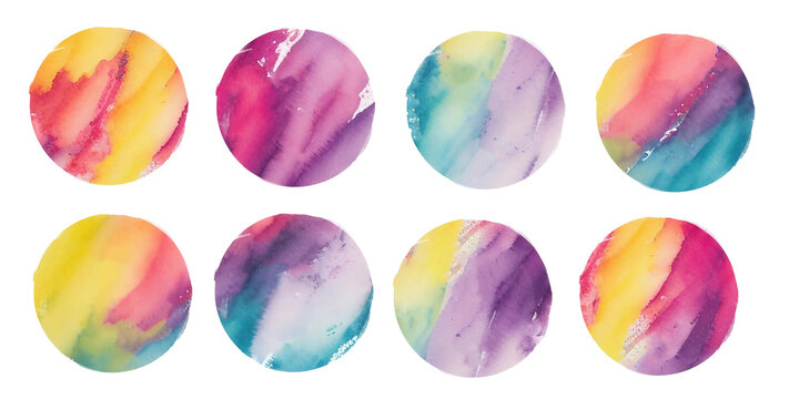 Watercolor Circles Collection In Bright Rainbow Colors Colors. Watercolor Stains Set Isolated On White Background. Design Elements.