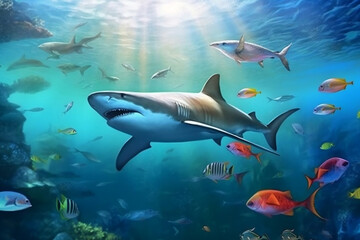 Great white shark swimming among tropical fishes, magical, stunning