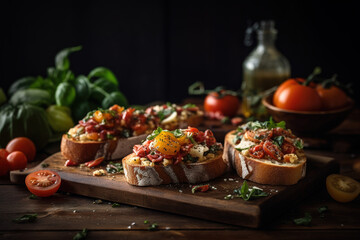 Appetizing bruschetta with vegetables on rustic table