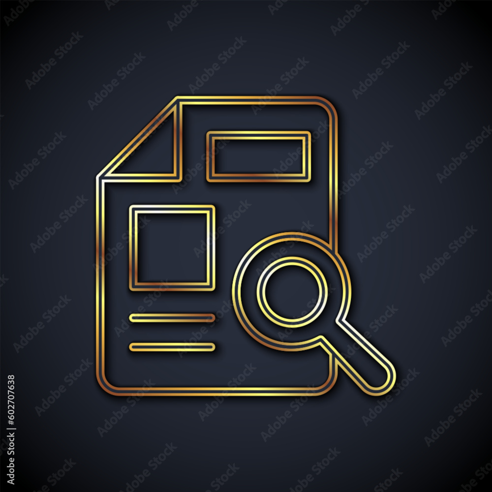 Poster gold line document with graph chart icon isolated on black background. report text file icon. accoun