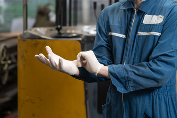emergency pollution factory concept. closeup engineering wearing gloves.
