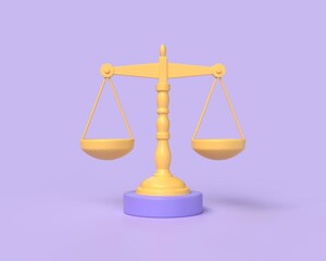 Scales of justice. Balance and justice, law concept. 3d rendering illustration. Cartoon minimal style.