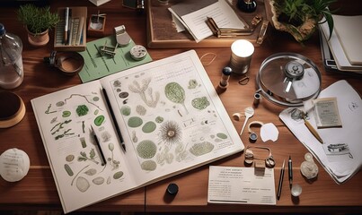  a table topped with lots of different types of plants and writing utensils.  generative ai
