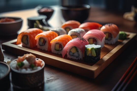 Appetizing suschi with salmon, tuna, rice and avocado