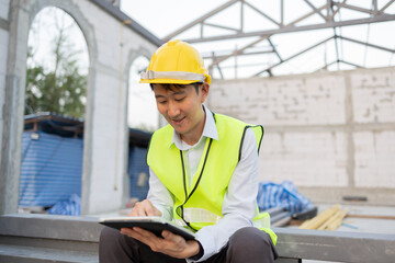 Happy Asian smiling in engineering uniform at construction site while holding a tablet. Young professional foreman working on structure building at workplace - with copy space