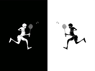 set of illustrations of a person playing badminton in high contrast cards